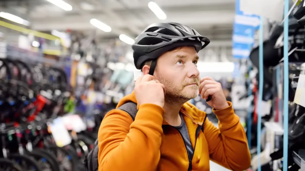 hombre eleigiendo cosco de bicicleta de montaña