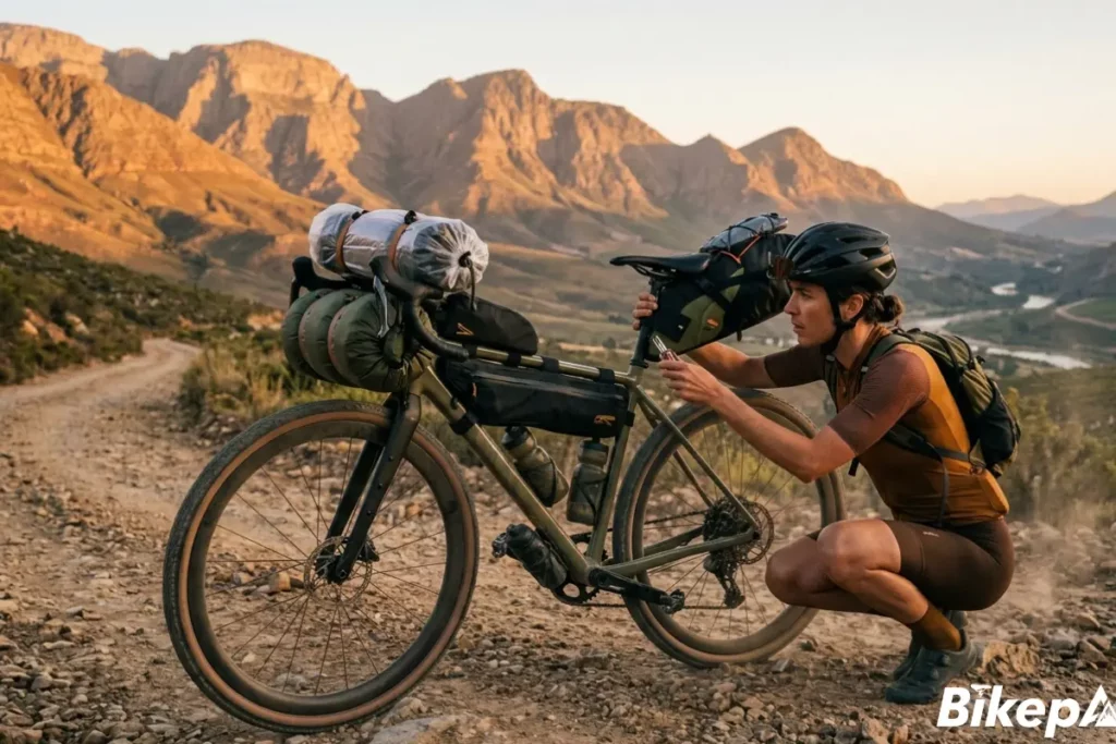 Ciclista de bikepacking ajustando el sillín de su bicicleta con equipaje completo, preparándose para una ruta de varios días con la comodidad adecuada.
