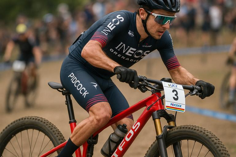 El ciclista británico Tom Pidcock montando la tija Vertical HELIUM RACE durante una prueba de la Copa del Mundo