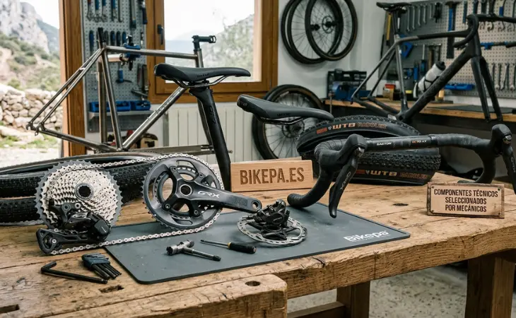 Bodegón técnico de componentes Bikepa seleccionados por mecánicos para gravel y montaña