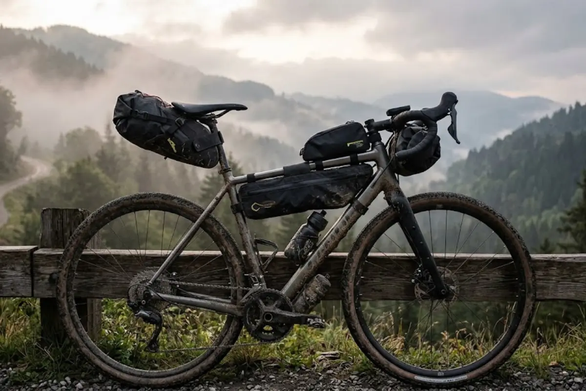 Gravel bike embarrada y equipada con bolsas de bikepacking en una ruta de montaña al amanecer