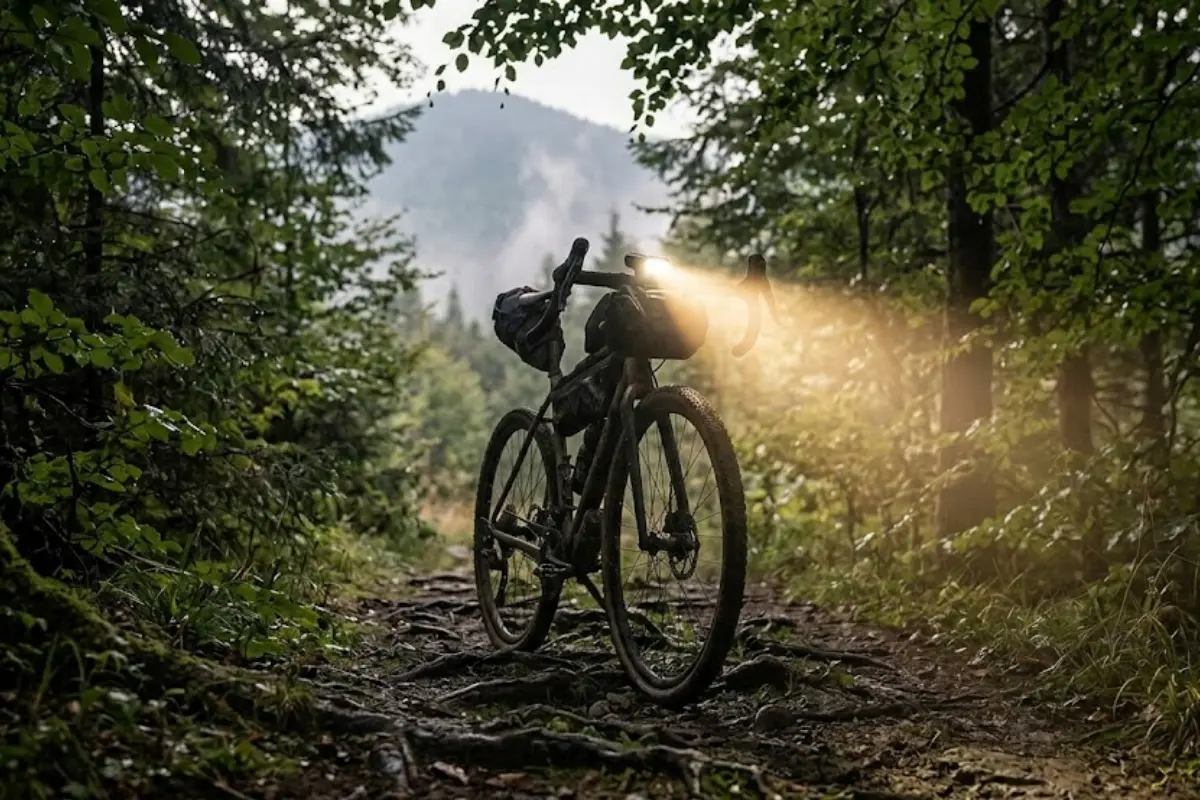 Bicicleta de montaña rodando por un bosque denso con un foco de alta potencia iluminando el sendero con raíces