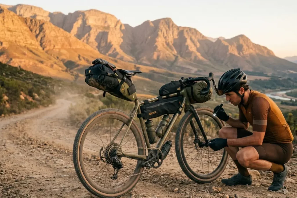 Bikepacking bicycle parked on a remote dirt road