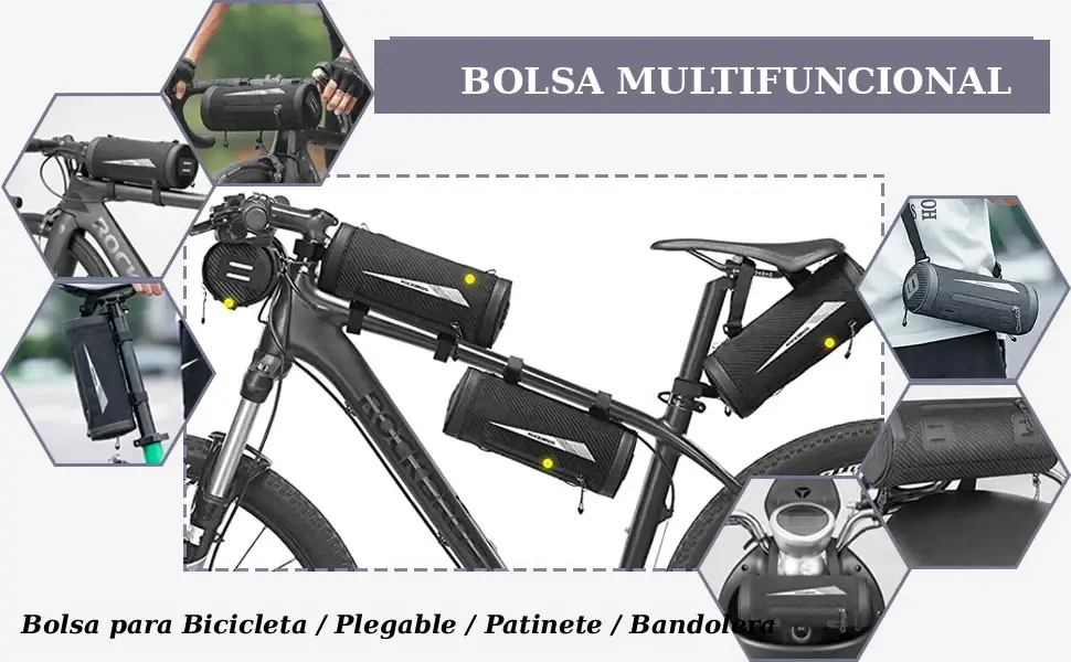 Bolsa de Manillar Cilíndrica Multifuncional ROCKBROS 2L (3 en 1 1 Bolsa de Manillar Cilindrica Multifuncional