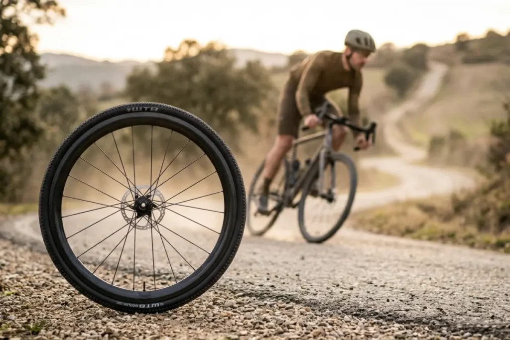 Ciclista encuadrando una curva con una rueda de carbono en primer plano
