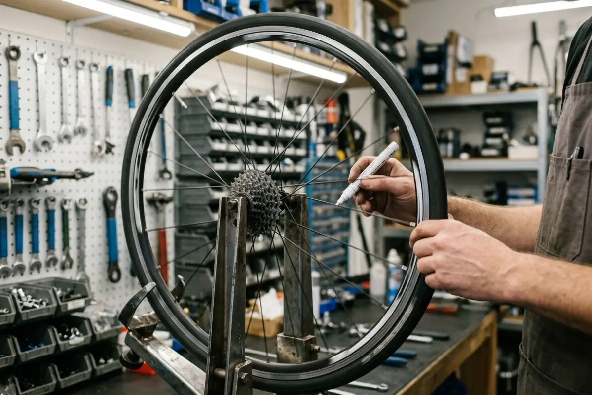 Primer plano de una rueda trasera de bicicleta de carretera montada en un soporte de centrado profesional