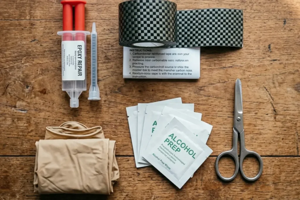 Flat lay of a bikepacking emergency repair kit roll of carbon