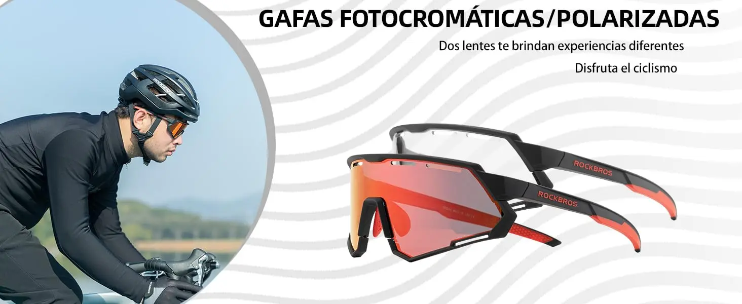 Gafas de ciclismo ROCKBROS fotocromáticas y polarizadas 2 en 1 con lentes intercambiables rojas y negras en un banner publicitario.