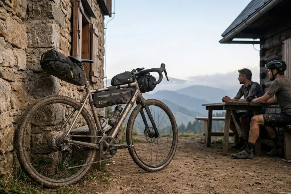 Gravel bike con bolsas de bikepacking apoyada en una pared de piedra junto a un refugio de montaña al atardecer