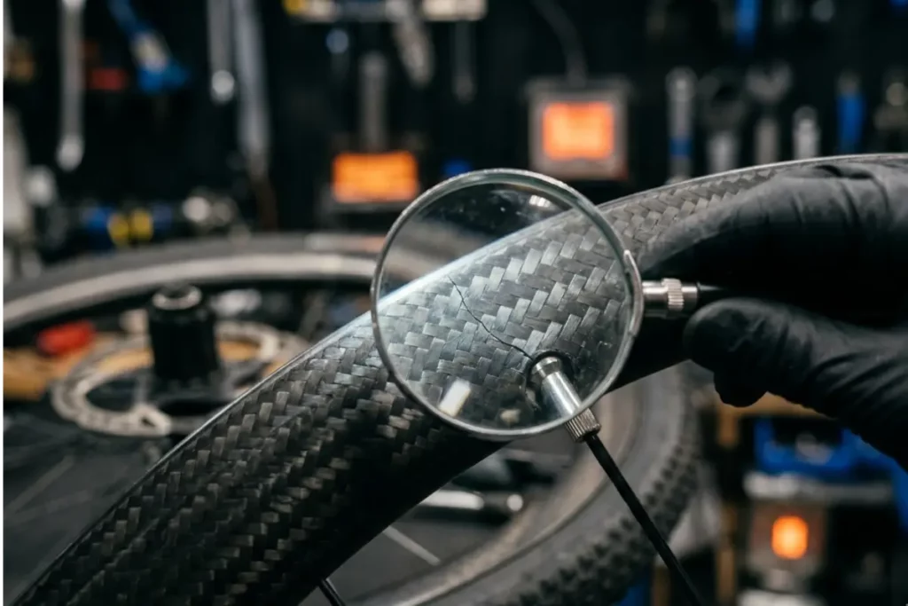 carbon fiber bicycle rim with a visible hairline crack