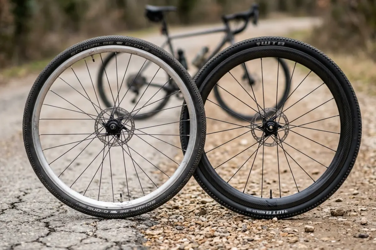 Rueda de carbono Zipp 303 con patrón de tejido 3K frente a rueda de aluminio DT Swiss G1800 sobre mezcla de grava y asfalto para gravel bikepacking