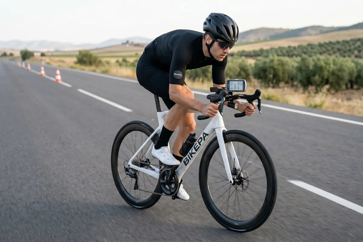 Ciclista de ruta realizando una prueba controlada con potenciómetro y ciclocomputador visibles en el manillar