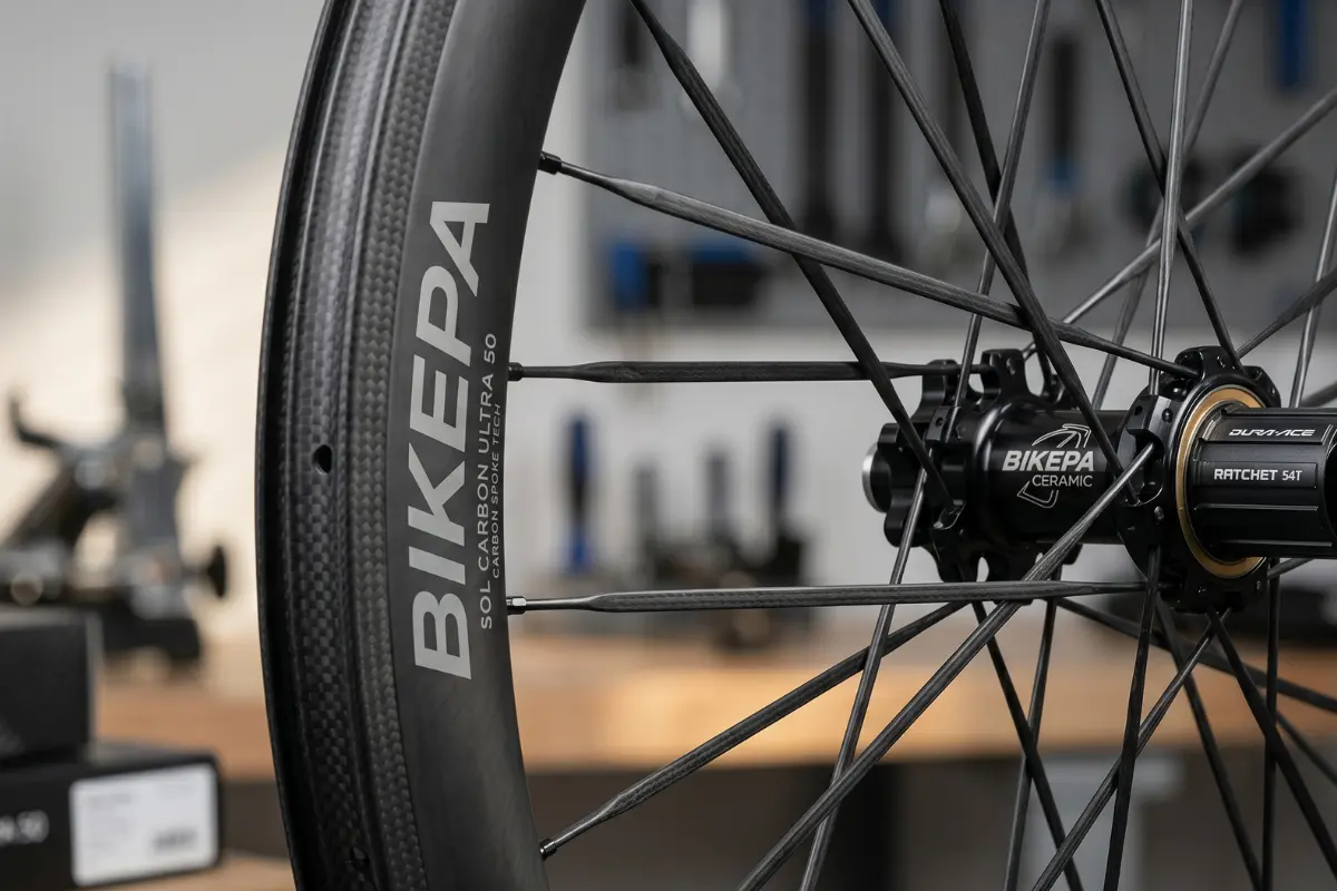 Ruedas de carbono Bikepa de 55 mm de perfil en banco de pruebas de ciclismo