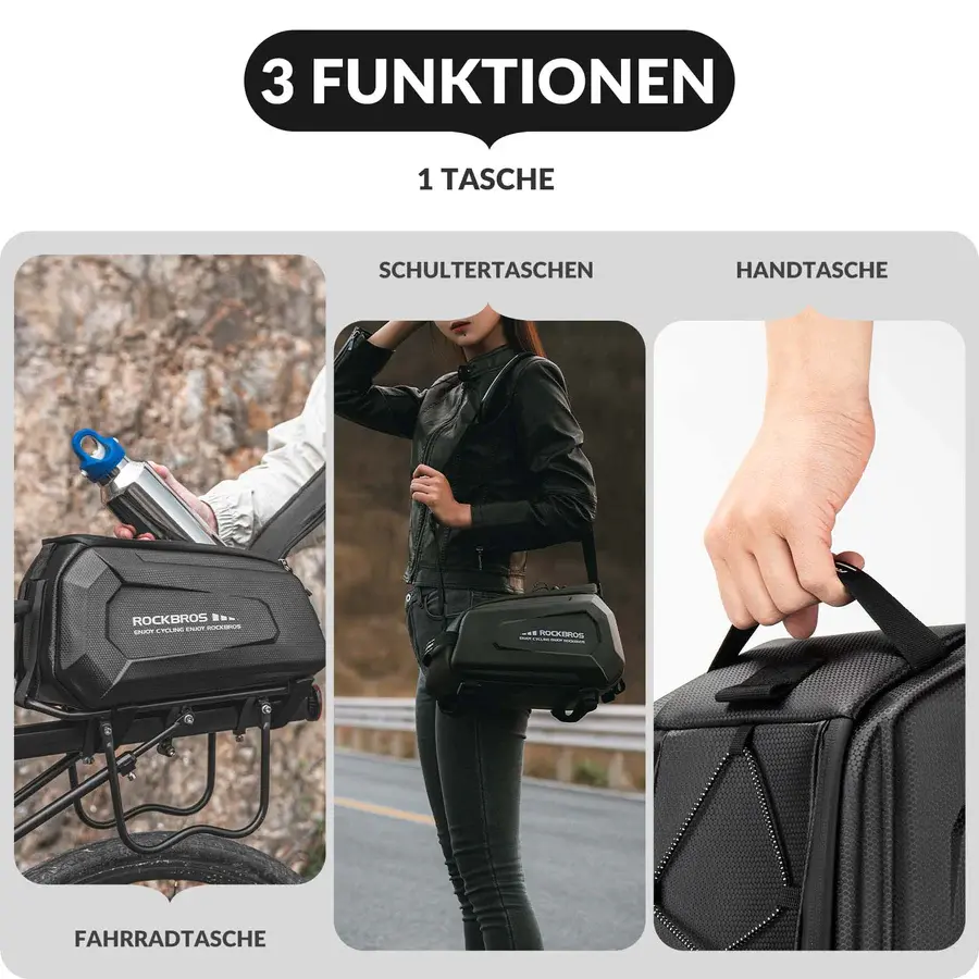 Bolsa trasera para bicicleta ROCKBROS — 9 litros, impermeable, rígida 3 Bolsa para bicicleta tipo alforja, 9L, repelente al agua – incluye funda para la lluvia y correa ajustable para el hombro