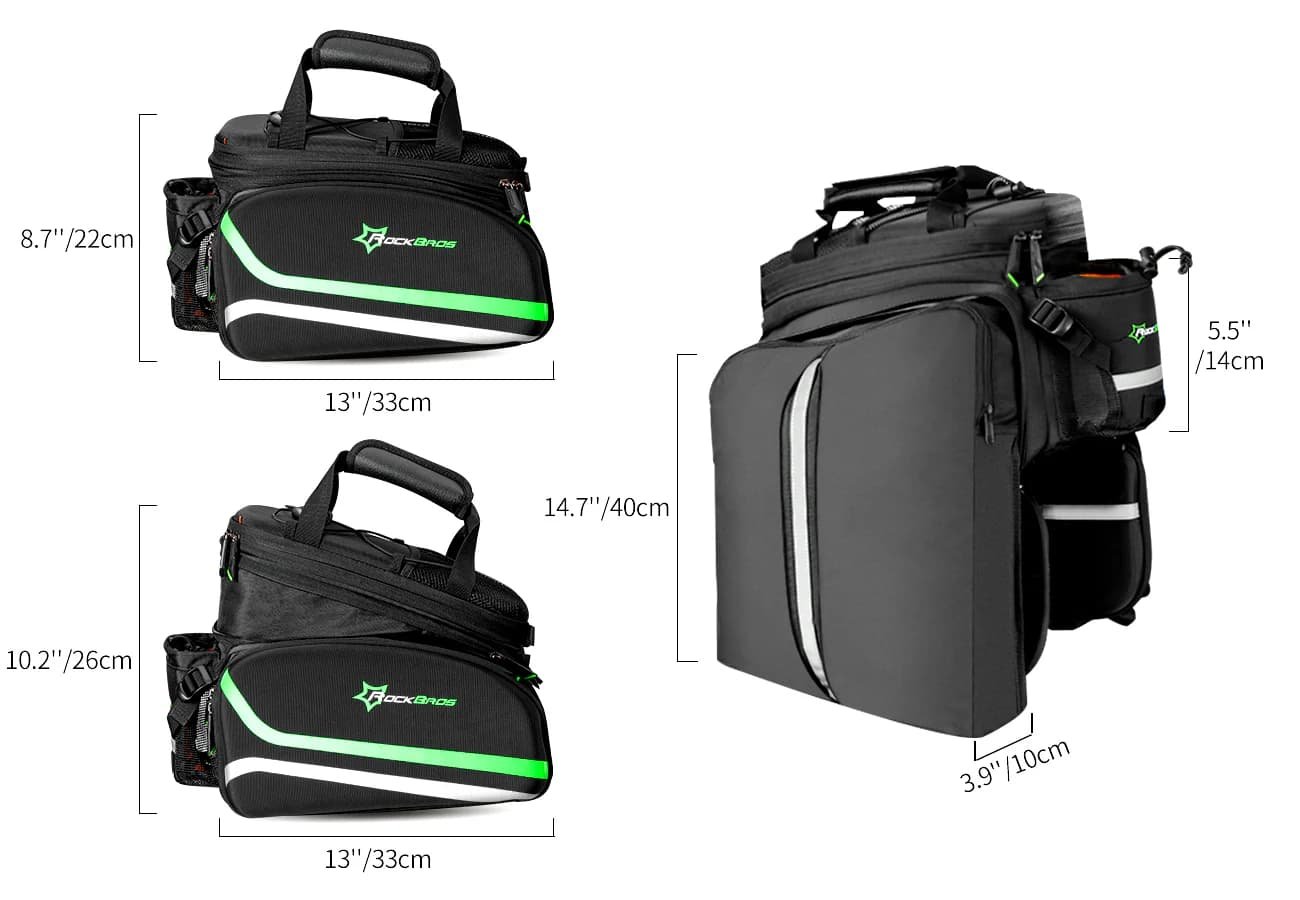 Esquema con las dimensiones exactas de la bolsa ROCKBROS A6 antes y después de la expansión