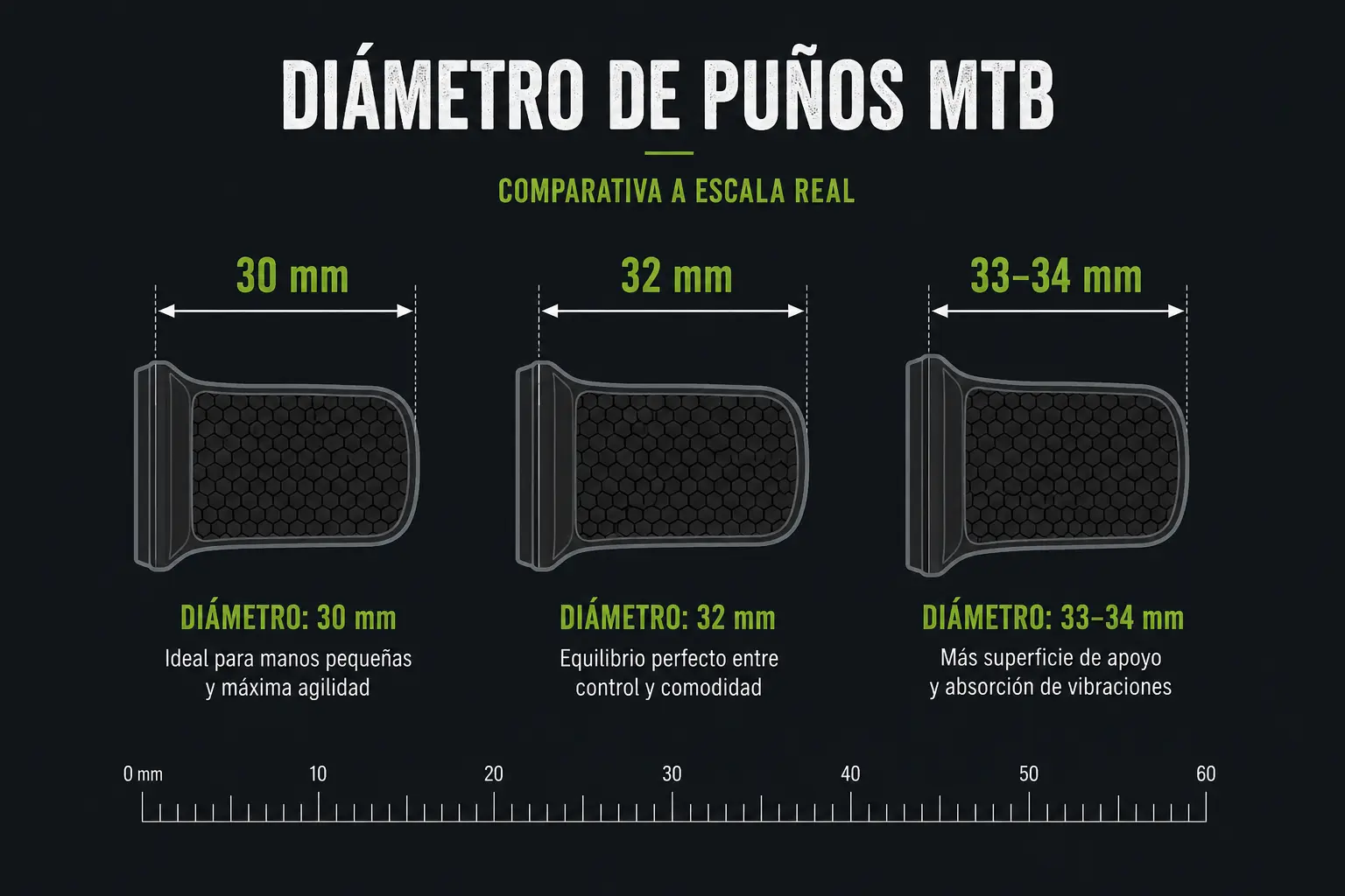 Comparativa de diámetros de puños MTB: 30mm, 32mm y 33-34mm a escala