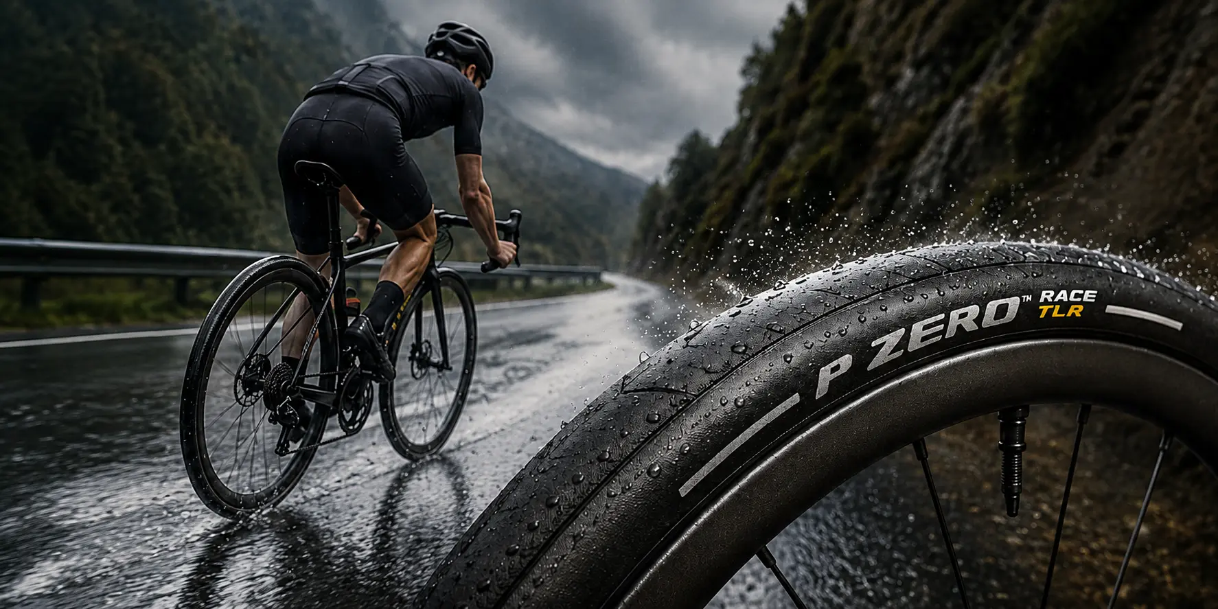 Primer plano de una rueda de bicicleta mojada con el neumático Pirelli P Zero Race TLR en una carretera lluviosa, con un ciclista vestido de negro pedaleando al fondo entre montañas.
