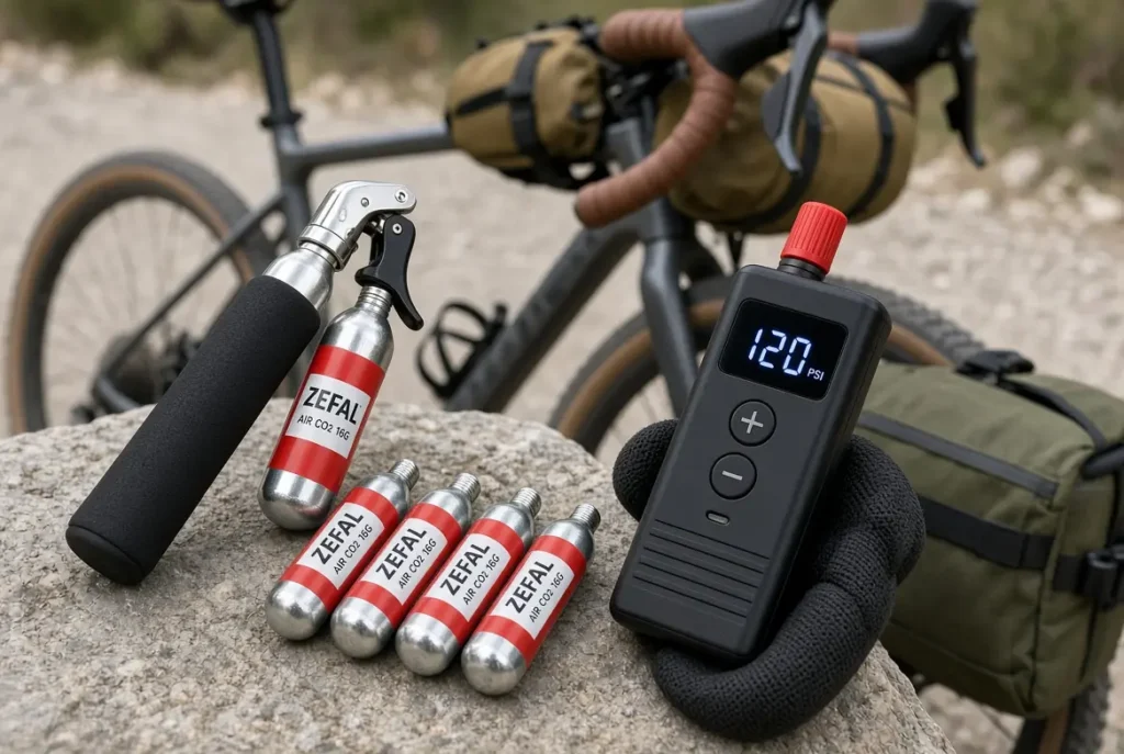 Comparación de inflador CO₂ Zefal con cartuchos de 16 g y mini bomba digital Rock Bros mostrando 120 PSI, sobre una piedra junto a una bicicleta gravel con alforjas de bikepacking en un camino de tierra