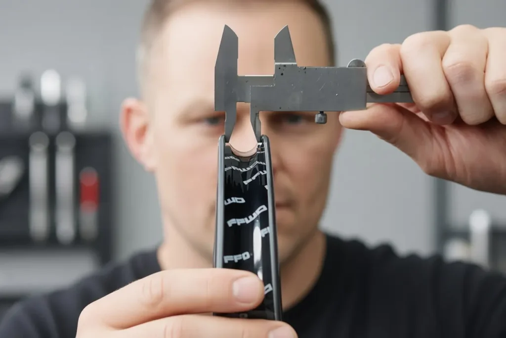 llanta de carbono FFWD Tyro con gráficos blancos, siendo medida con un calibrador vernier