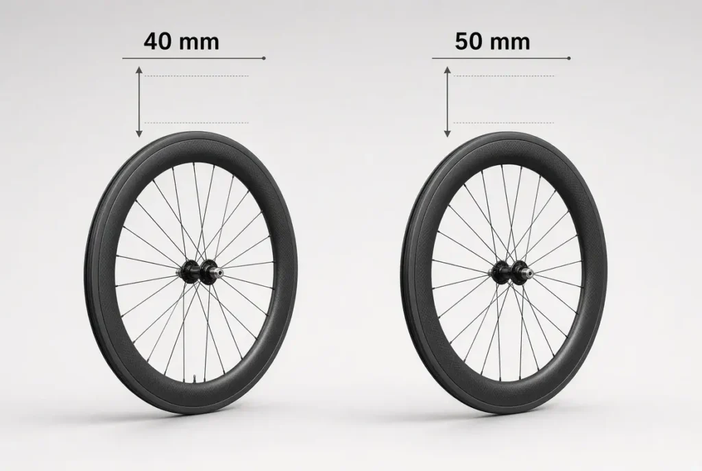 par de ruedas de carbono muestra perfiles de 40 mm y 50 mm para diferentes necesidades de aerodinámica y peso