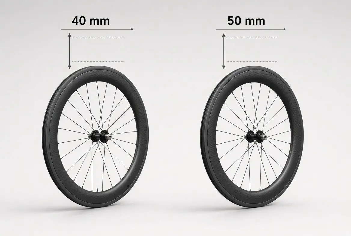 Ruedas de carbono 40 mm vs 50 mm 1 par de ruedas de carbono muestra perfiles de 40 mm y 50 mm para diferentes necesidades de aerodinámica y peso