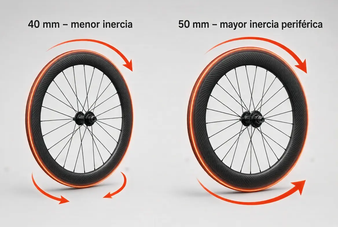 Ruedas de carbono 40 mm vs 50 mm 2 Esta rueda de bicicleta presenta un perfil alto de 50 mm diseñado para maximizar la inercia periférica